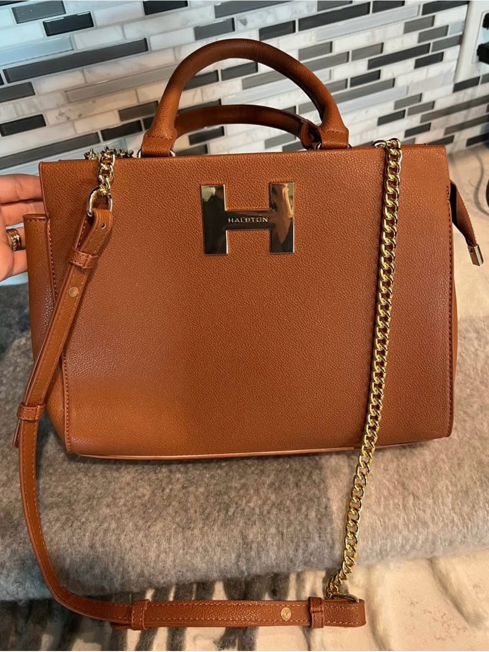 Halston Heritage Cognac Leather Top-Handle Satchel with Gold Chain Strap